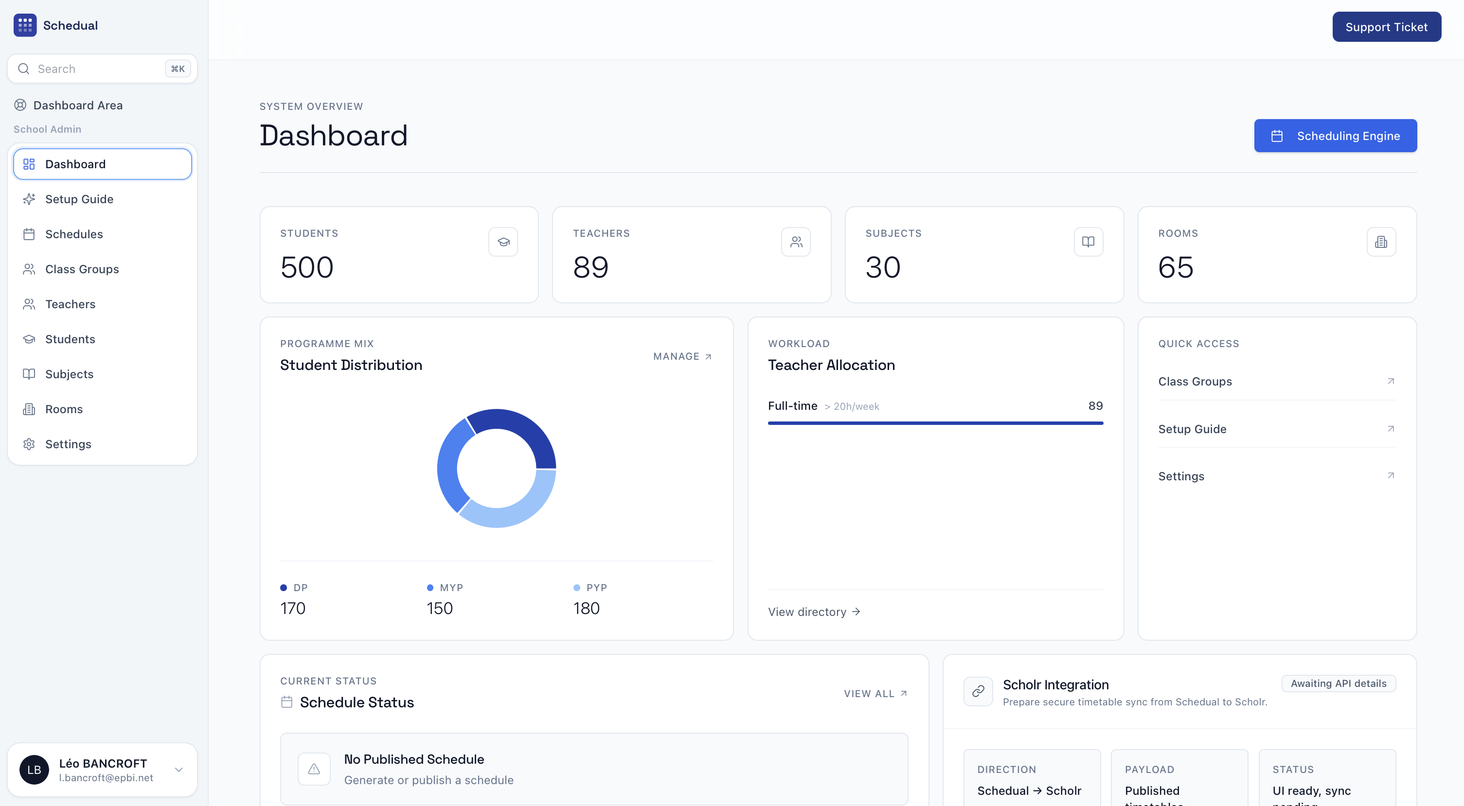 Schedual dashboard — student distribution, teacher allocation, and quick access for a school admin.